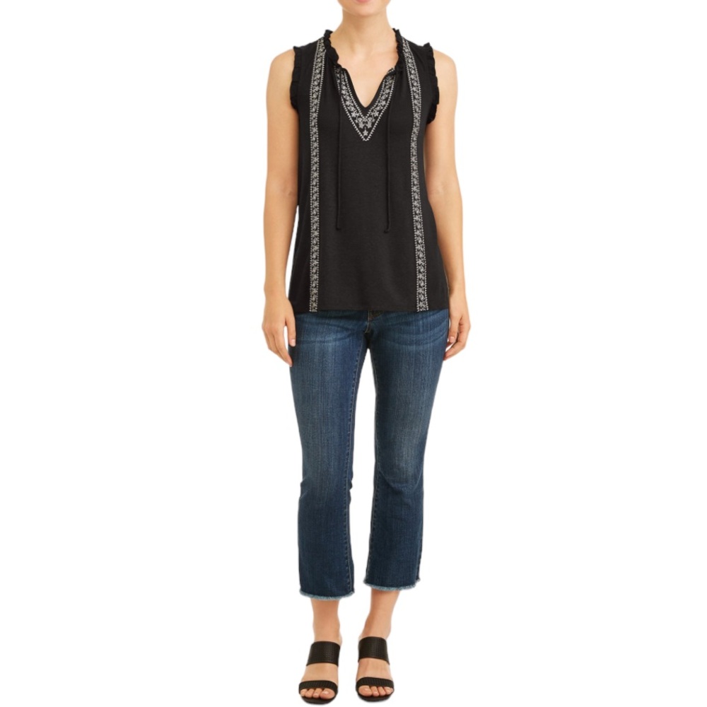 Time and Tru Embroidered Boho Black White Tie Front Top Size L - Picture 3 of 13